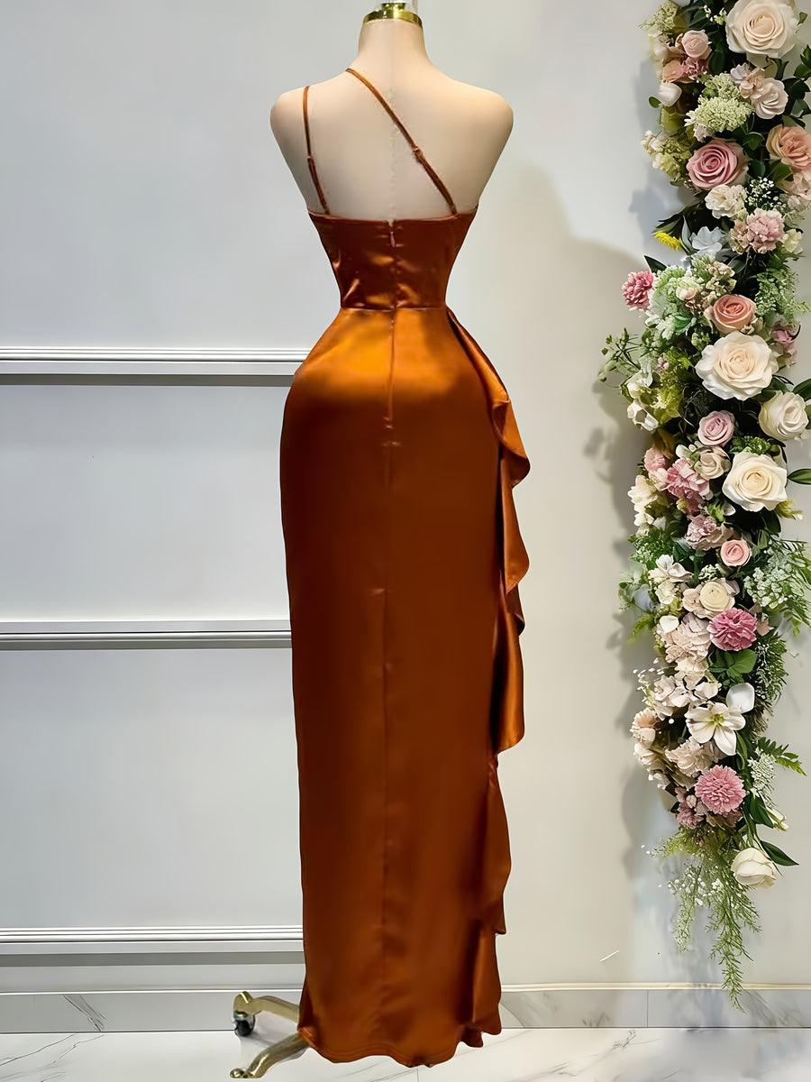 An Elegant Solid Color Satin Dress with an Asymmetrical Ruffled Hem, Off-Shoulder Neckline, And a Backless Design, Perfect for Banquets, Parties, Weddings, Or As a Bridesmaid Gown - Rust