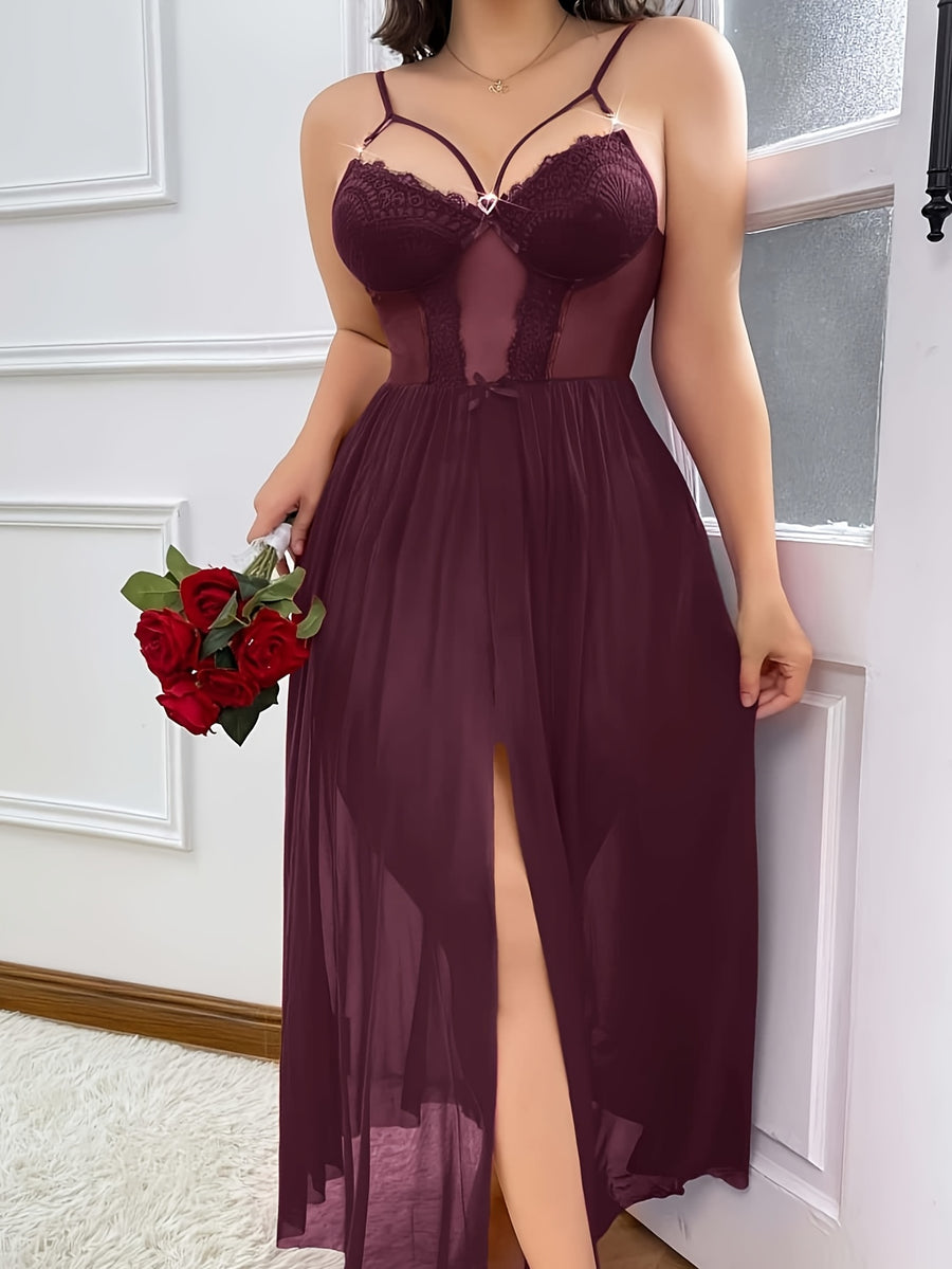 Plus size Women's solid color semi transparent lace patchwork suspender nightgown, heart-shaped rhinestone with bow decoration, casual, loose and comfortable, sexy nightgown, ideal gift for Valentine's Day, Christmas - Maroon