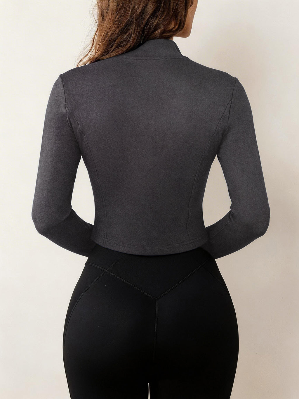 Stand-Up Collar Zipper Jacket Women'S Slim Fit High-Elastic Suit Long-Sleeved Thumb Buckle Top - Grey