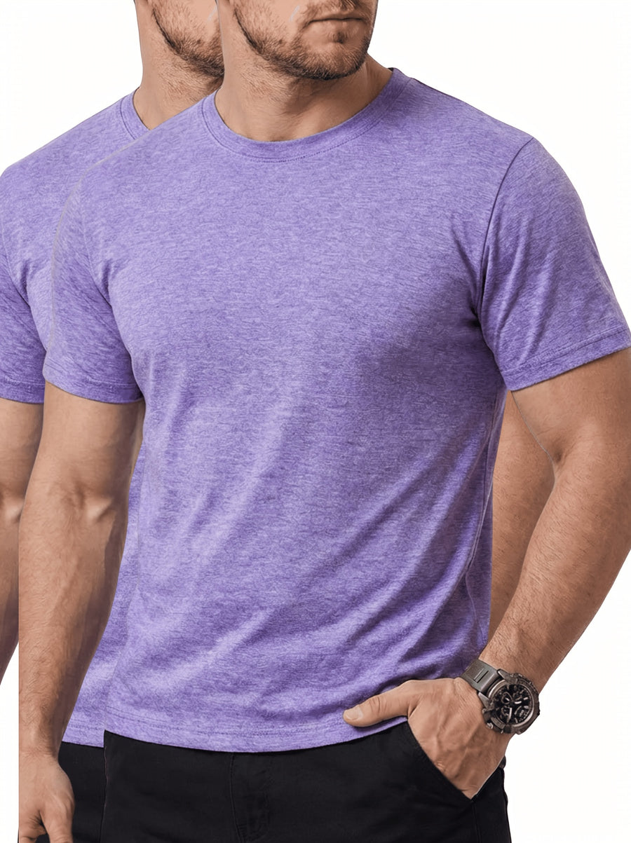 2pcs Round Neck Base Short Sleeve Top, Stretch Fabric Men'S Shirt, Western Summer Season Soft Fabric T-Shirt, Home Wear, Men'S Casual Top, Base Layer, Multi-Scene, Suitable for Various Styles, Travel, Business, Golf, Countryside Travel, Knit - Light Purple