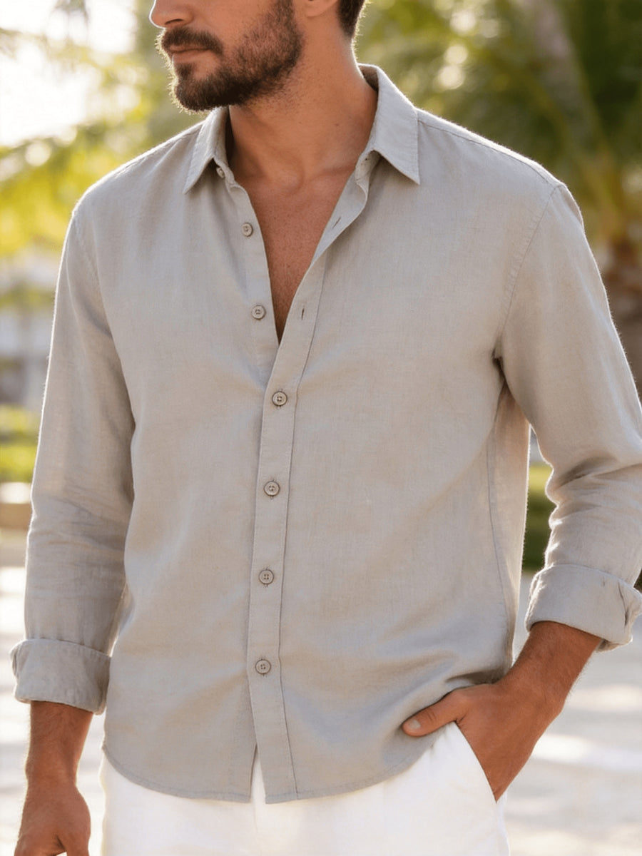 Single Piece Loose and Comfortable Men's Long Sleeved Shirt, with a Simple and Versatile Solid Color Style, Button Opening and Closing Design, Suitable for Casual Daily Wear. - Grey