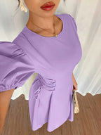 Elegant Daily Casual Solid Color Long Dress with Puff Sleeves, Pleated Detail, and Tie Belt, Suitable for Vacation, Banquets, and Parties, Slim Fit Elegant Dress, Summer Dress - Violet Blue