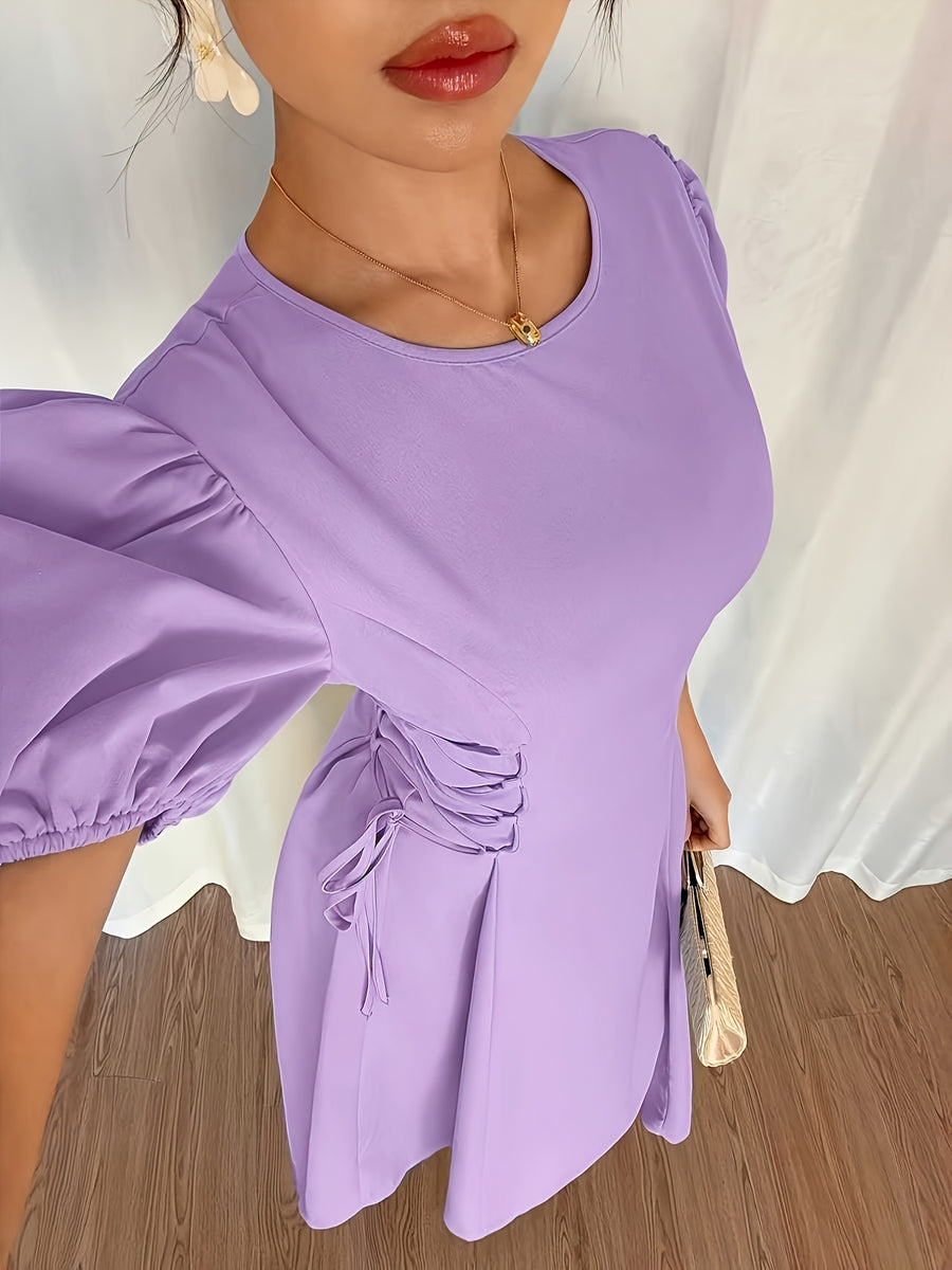 Elegant Daily Casual Solid Color Long Dress with Puff Sleeves, Pleated Detail, and Tie Belt, Suitable for Vacation, Banquets, and Parties, Slim Fit Elegant Dress, Summer Dress - Violet Blue