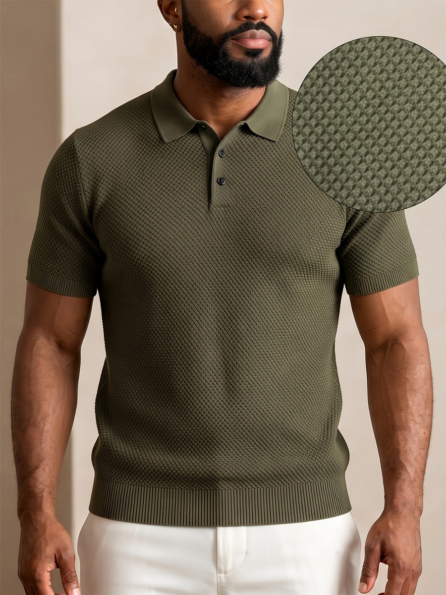 Men's Mature Business Style Knit Polo Shirt, 100% Pure Fabric, Breathable and Skin-friendly. Honeycomb Texture Jacquard Design, Simple Solid Color, Paired with a Three-button Lapel Collar, Clean Cut for a Flattering Fit. Suitable for Summer Commuting - Gray Green