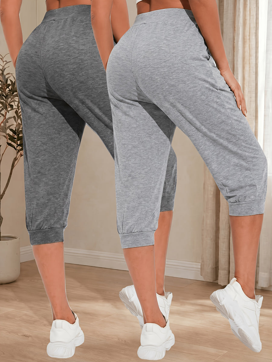 Women's Two-Pack Cropped Solid Color Jogger Sweatpants, High-Waisted Loose Fit with Drawstring Cuffs and Pockets, Casual Trousers - Light Gray + Dark Gray