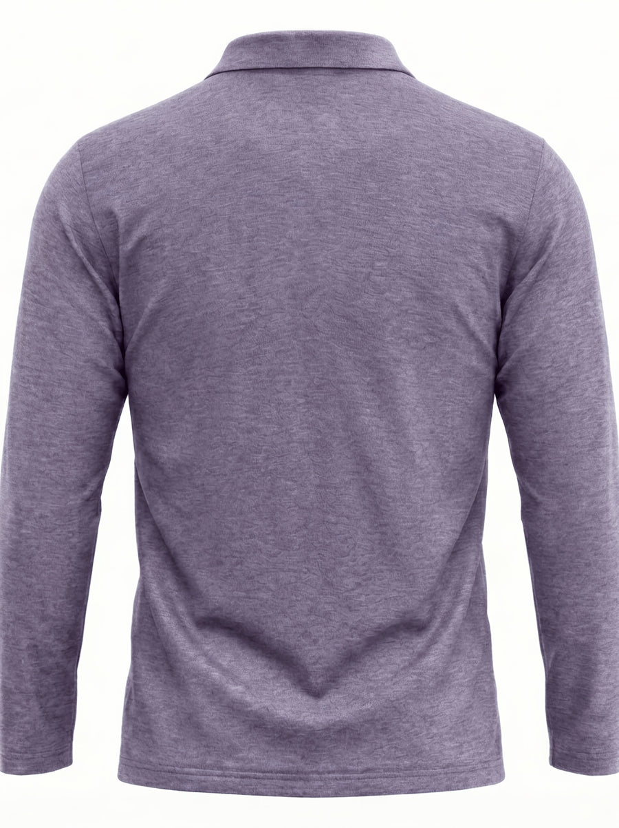 Spring/Autumn Men's Long-Sleeve T-Shirt, Men's Business Shirt, Open-Collar Lapel Color-Block Men's T-Shirt, Casual Party Wear, Suitable for Various Styling Combinations, Travel, Golf, Daily Wear, Suburban Outings, Family Trips, Parent-Teacher - Light Purple