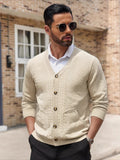 Men'S Casual V-Neck Cardigan Jacket, Retro 3D Jacquard Texture, Button-Front with Double Pockets, Knit Fabric Long Sleeve Top for Commute, Shopping, And Social Gatherings, Light Casual Business Style, Spring/Autumn Relaxed Fit - Khaki