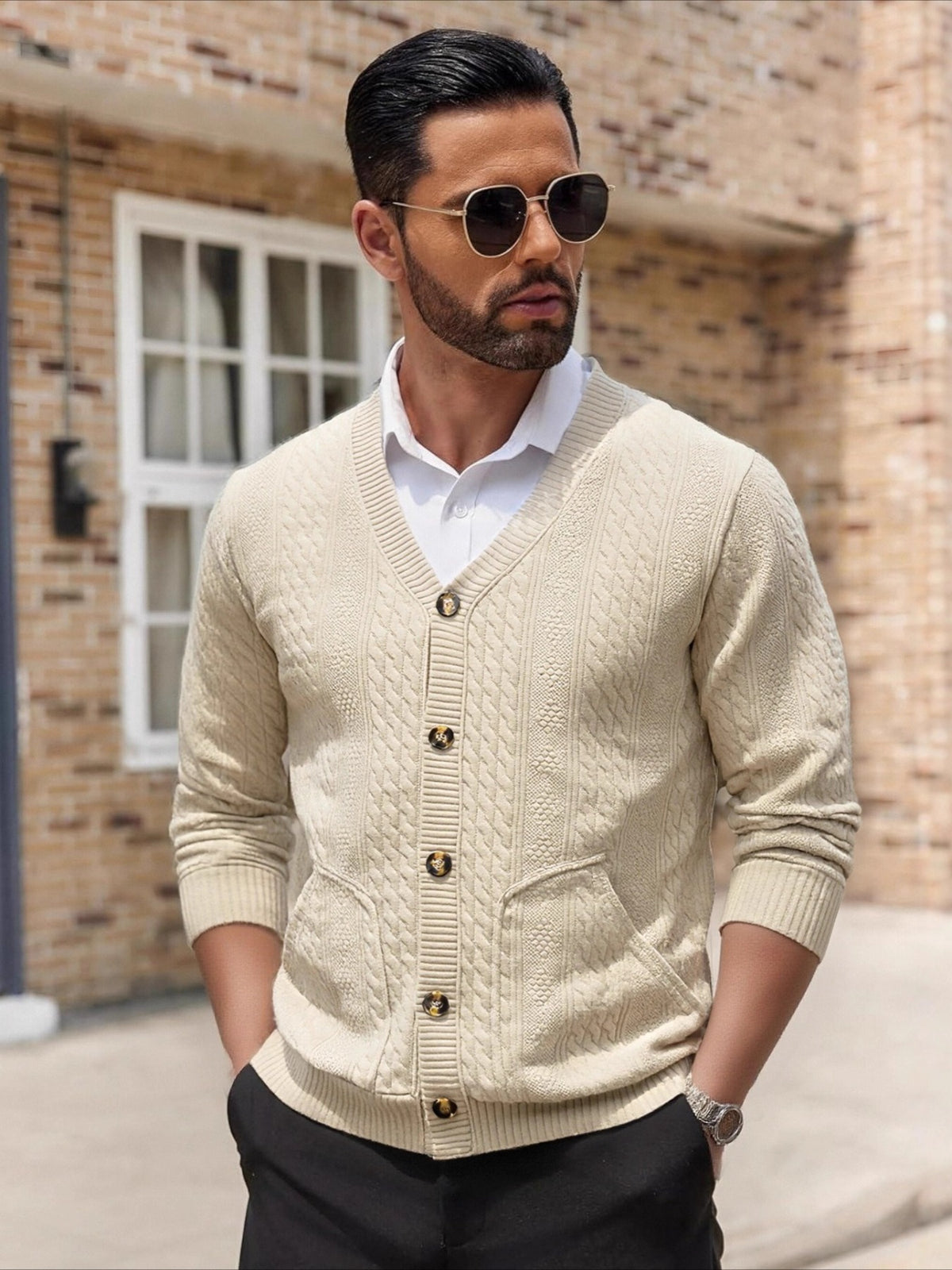 Men'S Casual V-Neck Cardigan Jacket, Retro 3D Jacquard Texture, Button-Front with Double Pockets, Knit Fabric Long Sleeve Top for Commute, Shopping, And Social Gatherings, Light Casual Business Style, Spring/Autumn Relaxed Fit - Khaki
