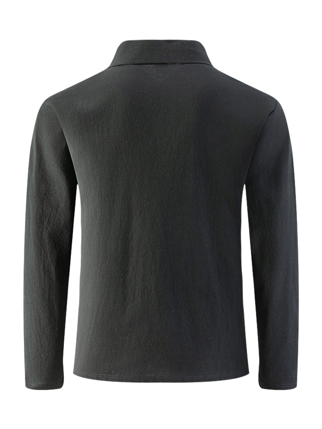 Men's Linen Long-Sleeve Polo ShirtTurn- Collar Three-Button Top with Chest Pocket, Loose Casual Daily T-Shirt - Black