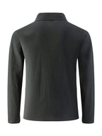 Men's Linen Long-Sleeve Polo ShirtTurn- Collar Three-Button Top with Chest Pocket, Loose Casual Daily T-Shirt - Black