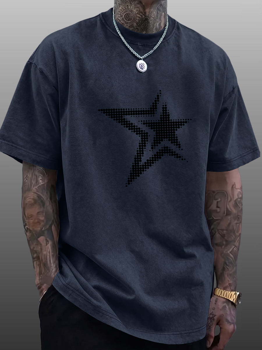 Men's Short-Sleeve T-Shirt, Pure Cotton Loose Fit Washed Distressed Half-Sleeve Top, Dot Matrix Overlapping Double Five-Star Trendy Reverse Double-Sided Print, Multiple Colors for Mix & Match, American Streetwear High Street Hip-Hop Y2K National - Navy Color