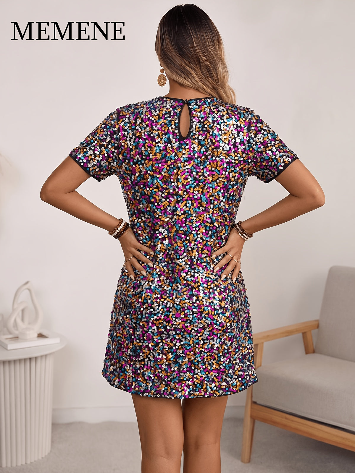 European and American Style Multicolor Sequined Straight-Cut Mini Skirt with Round Neck, Short Sleeves, Loose Fit, and Figure-Flattering Design for Birthday Parties and Gatherings - Mixed colors