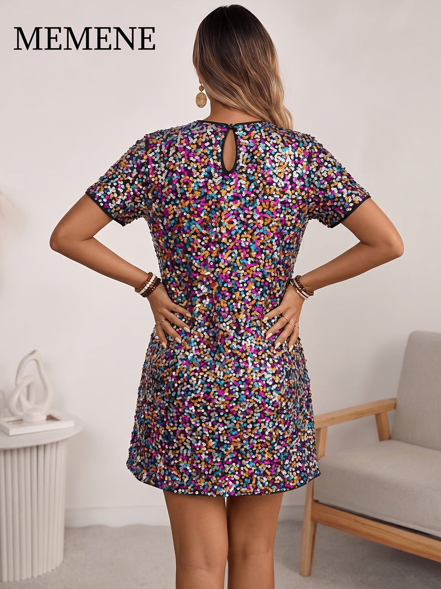 European and American Style Multicolor Sequined Straight-Cut Mini Skirt with Round Neck, Short Sleeves, Loose Fit, and Figure-Flattering Design for Birthday Parties and Gatherings - Mixed colors