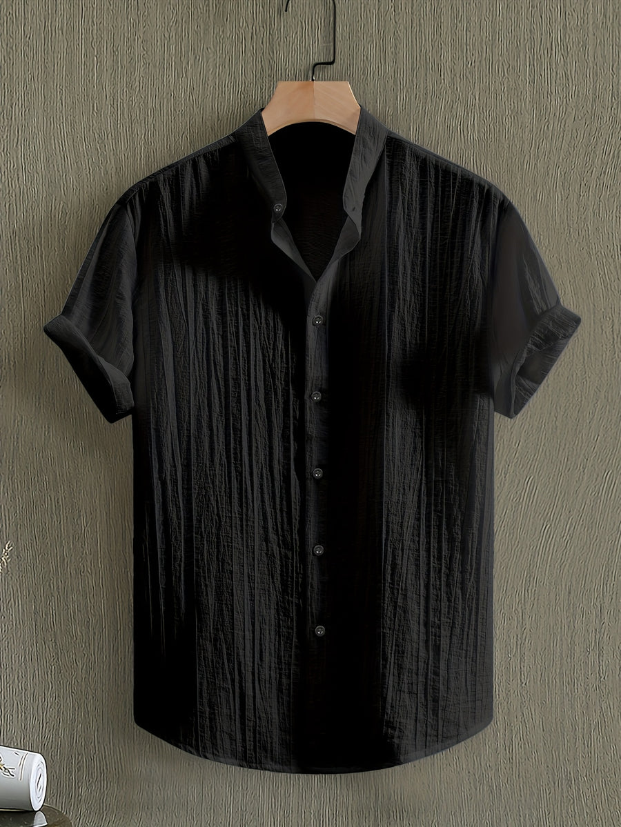 Pearson OBM Men's Summer Solid Color Semi-Transparent Short Sleeve Casual Stand Collar Shirt, Button-Up Fashion Versatile Shirt for Beach Vacation Pool Party - Black