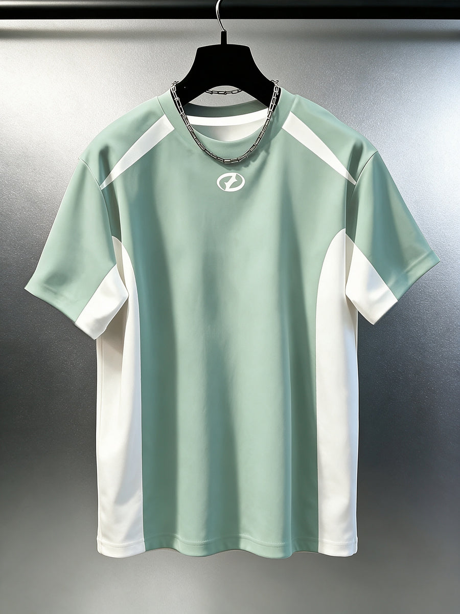 Men'S Color Blocking Splicing Round Neck T-Shirt, Quick-Dry Comfortable Outdoor Fitness Training Short Sleeve Practical Holiday Gift - Light Green