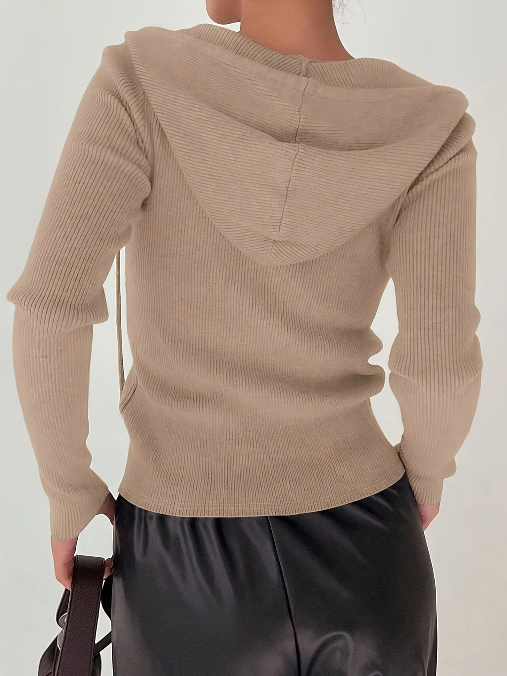 Women's Slim-Fit Solid Color Hooded Long Sleeve Casual Jacket - Yellowish-brown