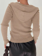 Women's Slim-Fit Solid Color Hooded Long Sleeve Casual Jacket - Yellowish-brown