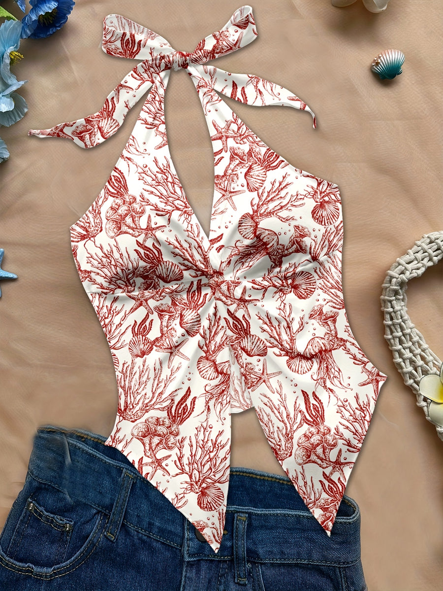 Women'S Spring/Summer Fall Boho Beach Vacation Outfits Marine Floral Leopard Print Trim Bustier Slim Fit Camisole Halter Top, Y2K Vintage Concert Outfit - Red