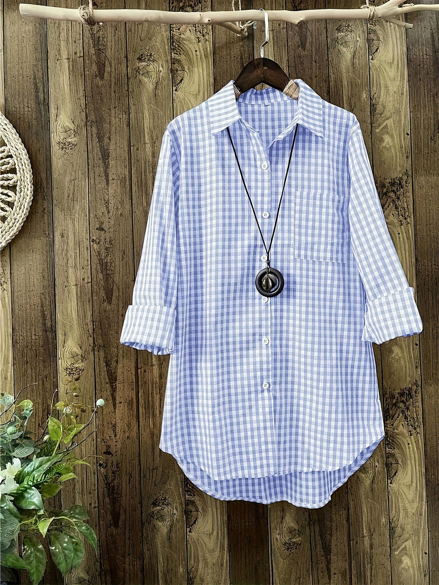 Women'S Autumn Casual Vintage Commute Long Sleeve Checkered Striped Shirt - Light Blue