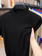 [Wading Whale OBM] 1pc Spring Summer New Men'S Knit Pullover Sweater, Old Money Style Textured Solid Color Short Sleeve T-Shirt, Casual Fashion Thin Breathable Ribbed Pullover Sweater Base Layer Top, Suitable for Spring And Summer Wear - Black