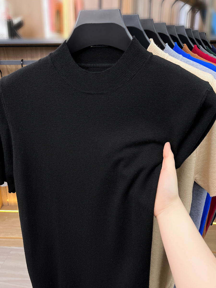 [Wading Whale OBM] 1pc Spring Summer New Men'S Knit Pullover Sweater, Old Money Style Textured Solid Color Short Sleeve T-Shirt, Casual Fashion Thin Breathable Ribbed Pullover Sweater Base Layer Top, Suitable for Spring And Summer Wear - Black