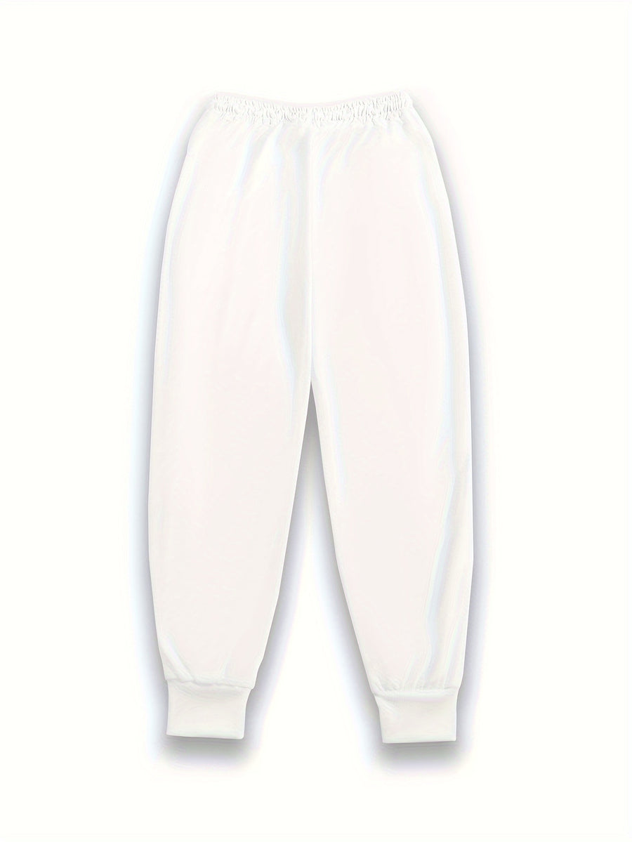 Casual Trousers with a Graphic Design, Featuring an Elastic Waistband, Suitable for Women - White