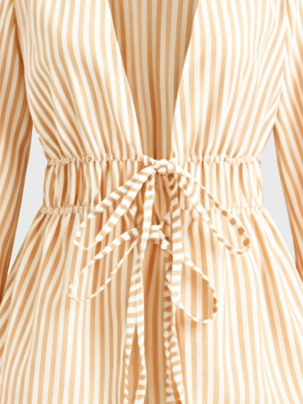 Belted Vertical Stripe Long-sleeve Shirt, Artistic Casual Fashion, Versatile Loose Top - Light Orange