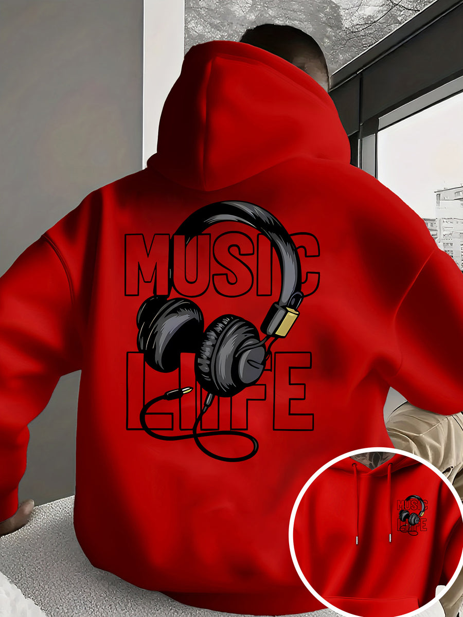 Men's New Trendy Hoodie, Casual Daily Drawstring Hooded Sweatshirt with MUSIC Print, Headphones, Front Kangaroo Pocket, Men's Top - Red