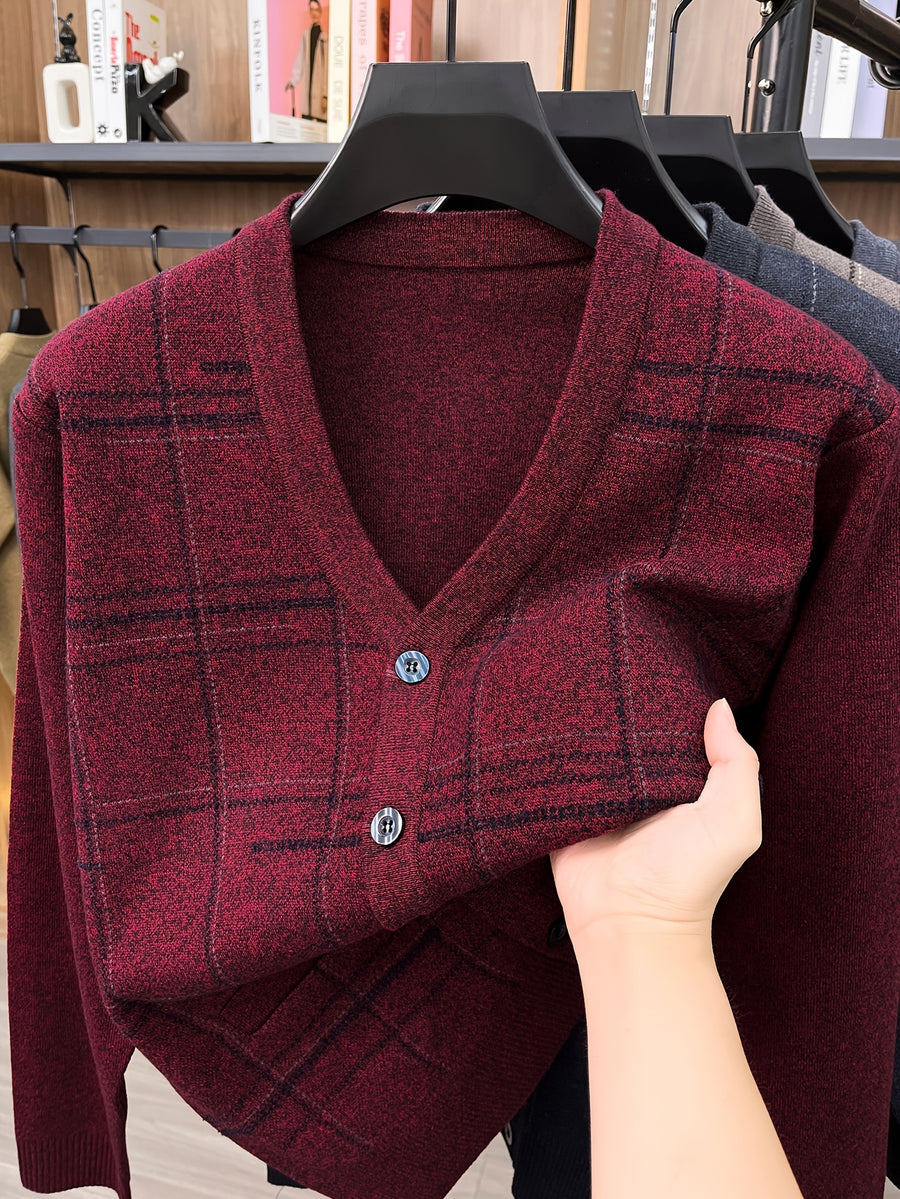 Men'S Autumn Winter Easy Knit Cardigan Warm Plaid Casual Jacket - Burgundy