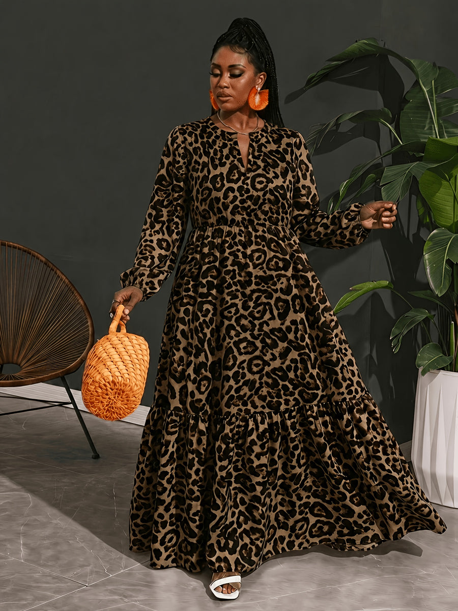 Plus Size Women'S Leopard Pleated Dress, Casual Party Outing Autumn Style - Leopard Print