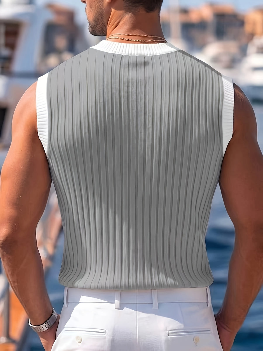 Men'S Sleeveless Knit Top, Sweater, Half-Neck Zip Style, Vertical Striped Knit Fabric, Casual Daily - Space Gray