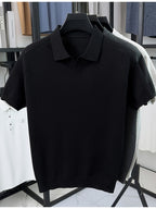 SaXing OBM Men's New Summer Style Polo Shirt, Old Money Style Textured Solid Color Ribbed Half-Placket Thin Breathable V-Neck Short Sleeve T-Shirt, Men's Fashionable Versatile Pullover Base Layer Top, Suitable for Summer Wear, Compatible with Daily - Black