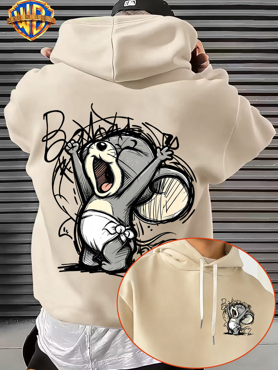 Licensed by Warner Bros., Sketch Style Cute Young Animals, Exuberant Cheering Expression with Casual Graffiti Art Letter Trendy Cool Print Men'S Fashion Hooded Sweatshirt, Sleeve Print Design, Kangaroo Pouch, Drawstring Hood - Apricot