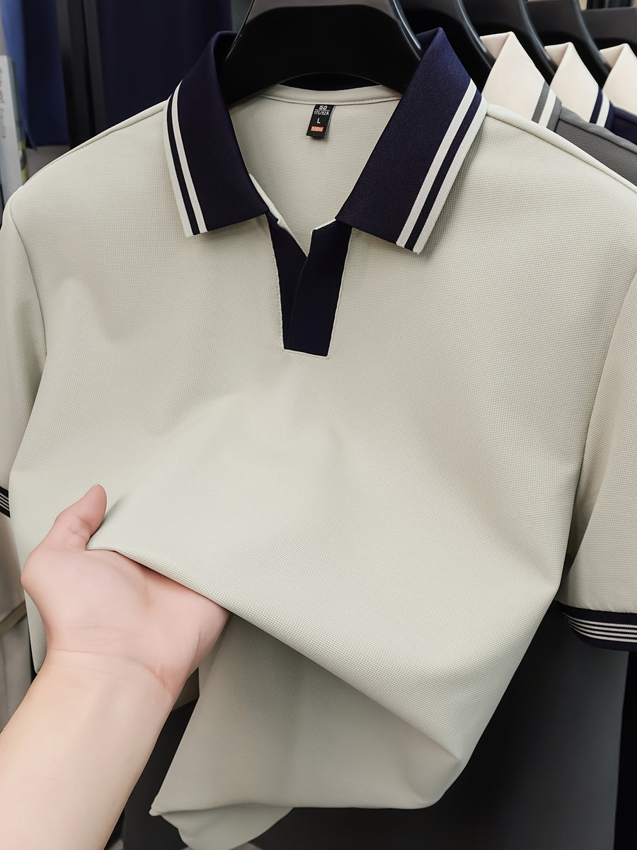 New Summer V-Neck Buttonless Lapel High-Stretch Short-Sleeve Men's T-Shirt, Fashionable Casual Sport Quick-Dry Men's Shirt, Skin-Friendly and Cool, Y Smooth Breathable Men's Top TX16215 - Apricot