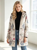 Women'S Fashion Autumn And Winter Hooded Long Sleeve Zipper Floral Print Fleece-Lined Jacket Coat - Blue Flower