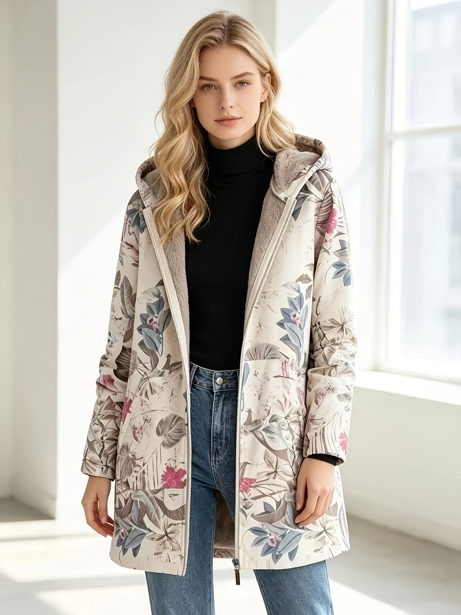 Women'S Fashion Autumn And Winter Hooded Long Sleeve Zipper Floral Print Fleece-Lined Jacket Coat - Blue Flower