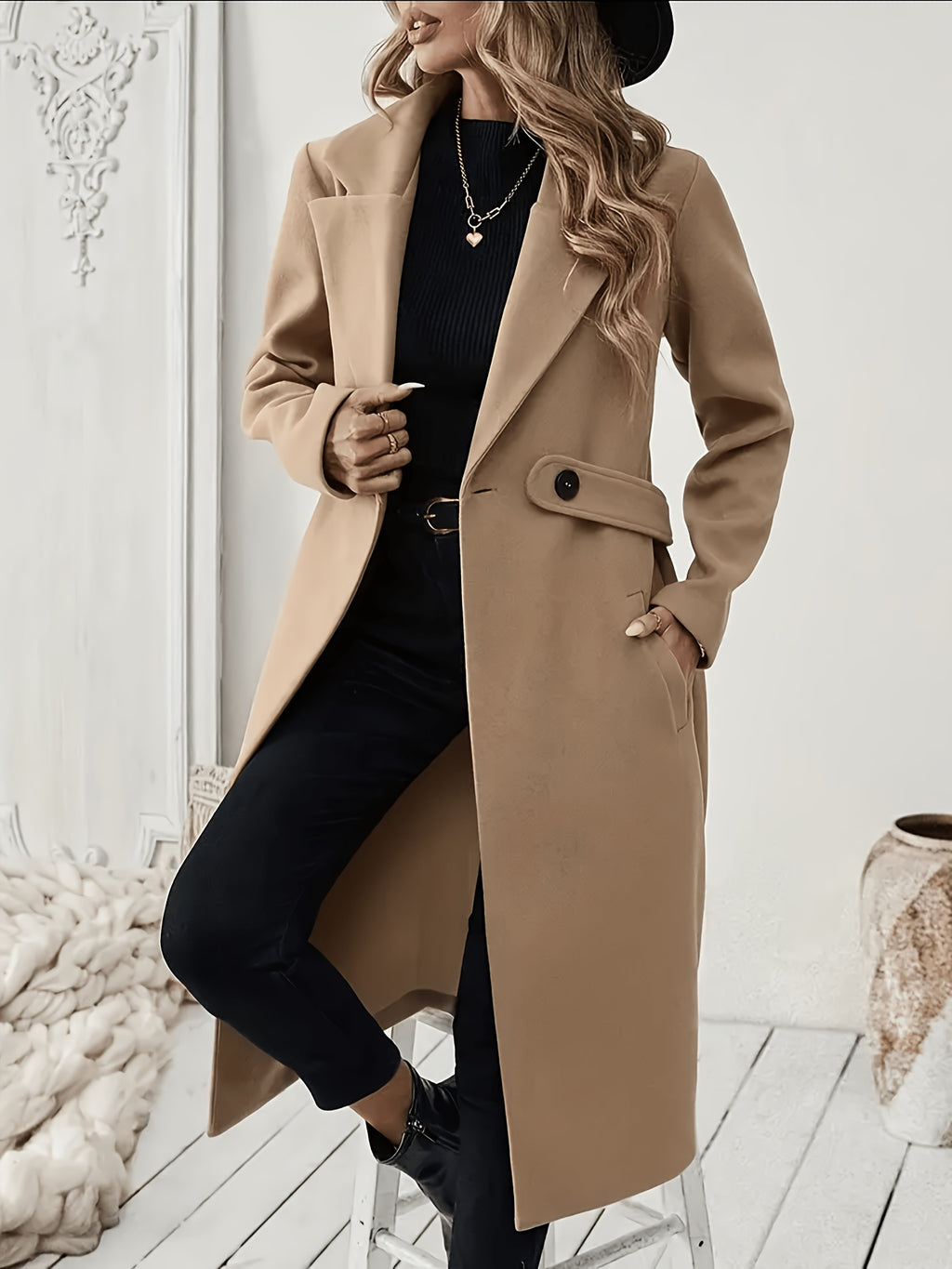 New Autumn/Winter Classic Notched Lapel Long Coat for Women, Waist-Cinching with Tie Belt and Two-Button Design, Over-the-Knee Outerwear, Elegant Commuter Style, Draped and Structured Long-Sleeve Coat with Side Pockets, Simple and Versatile, Slim Fit - Yellowish-brown