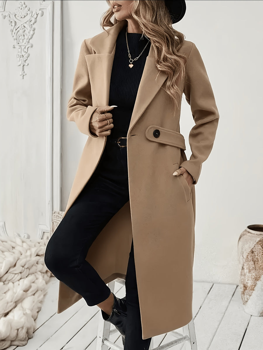 New Autumn/Winter Classic Notched Lapel Long Coat for Women, Waist-Cinching with Tie Belt and Two-Button Design, Over-the-Knee Outerwear, Elegant Commuter Style, Draped and Structured Long-Sleeve Coat with Side Pockets, Simple and Versatile, Slim Fit - Yellowish-brown