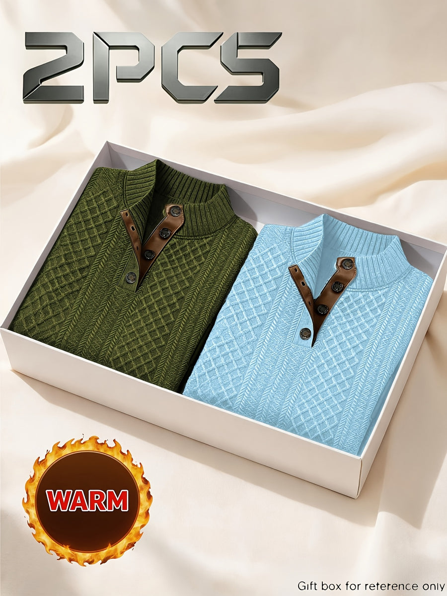 2pcs Men'S Autumn Winter Season Knit Jacquard Long Sleeve Top, Fashionable Small Stand Collar Color Block And Niche Metal Button Design, Warm Knit Casual Sweatshirt, Solid Color Long Sleeve Thick Soft Warm Fleece, Men'S Polo Athletic Sweater - Army Green+Sky Blue