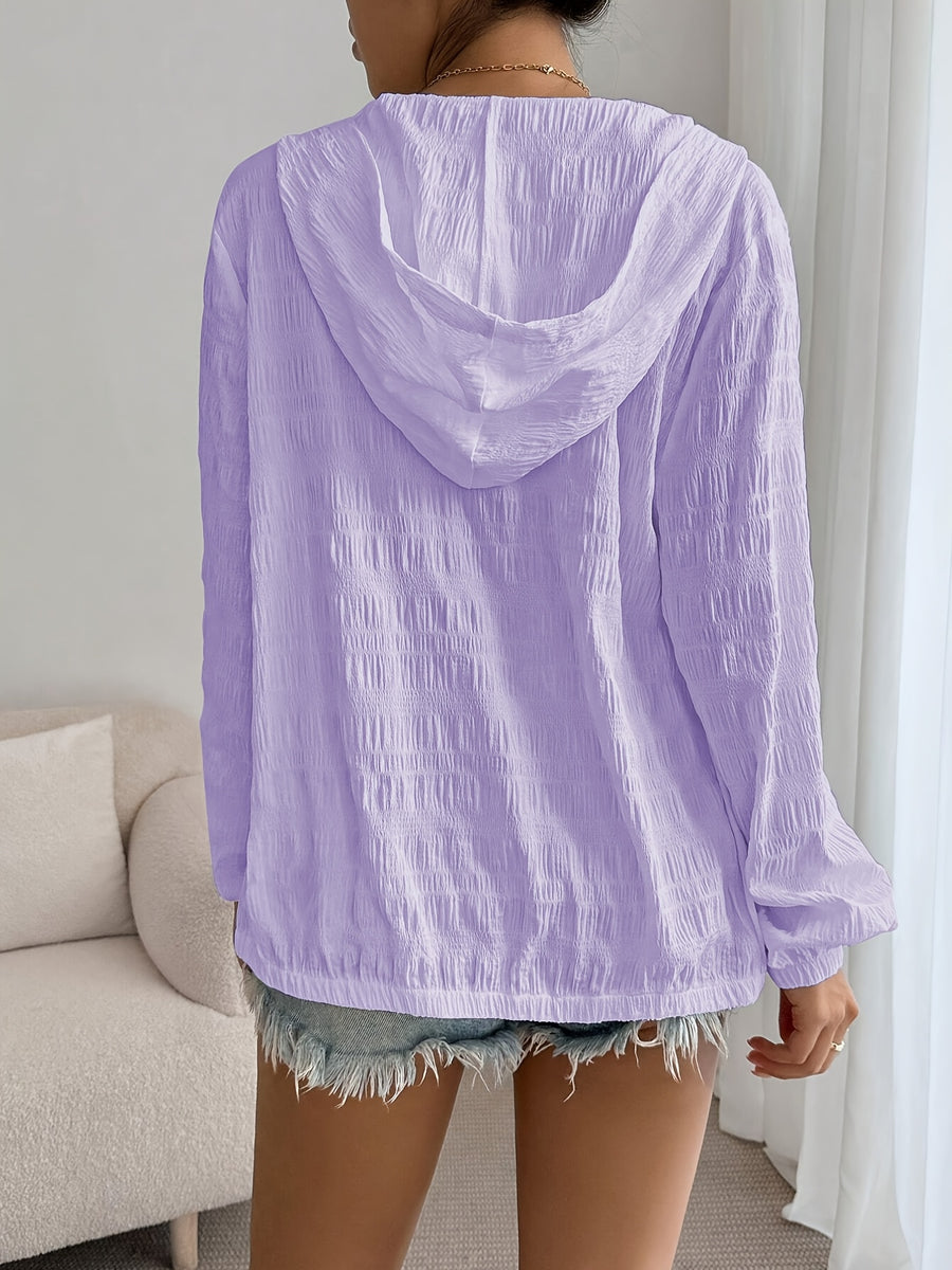 Comfortable Comfortable | Women'S Lightweight White Hooded Jacket - Casual Pleated Design, Zipper Closure, Long Sleeves, Machine Washable - Versatile Outerwear for All Seasons - Light Purple