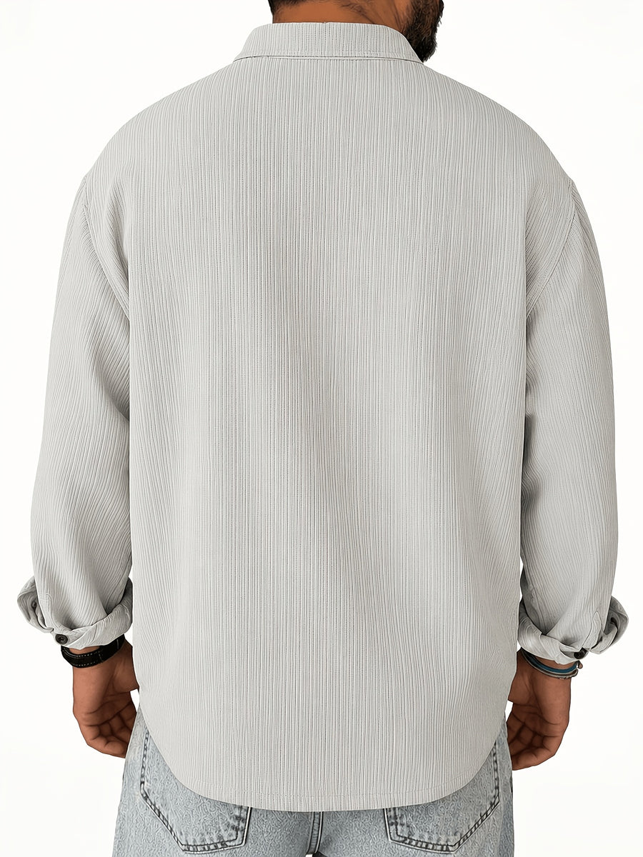 Men's Vintage Lapel Long Sleeve Shirt, Vertical Ribbed Minimalist Solid Knit Top, Versatile Casual Wear - Light Grey