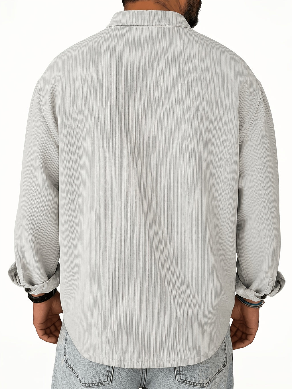 Men's Vintage Lapel Long Sleeve Shirt, Vertical Ribbed Minimalist Solid Knit Top, Versatile Casual Wear - Light Grey