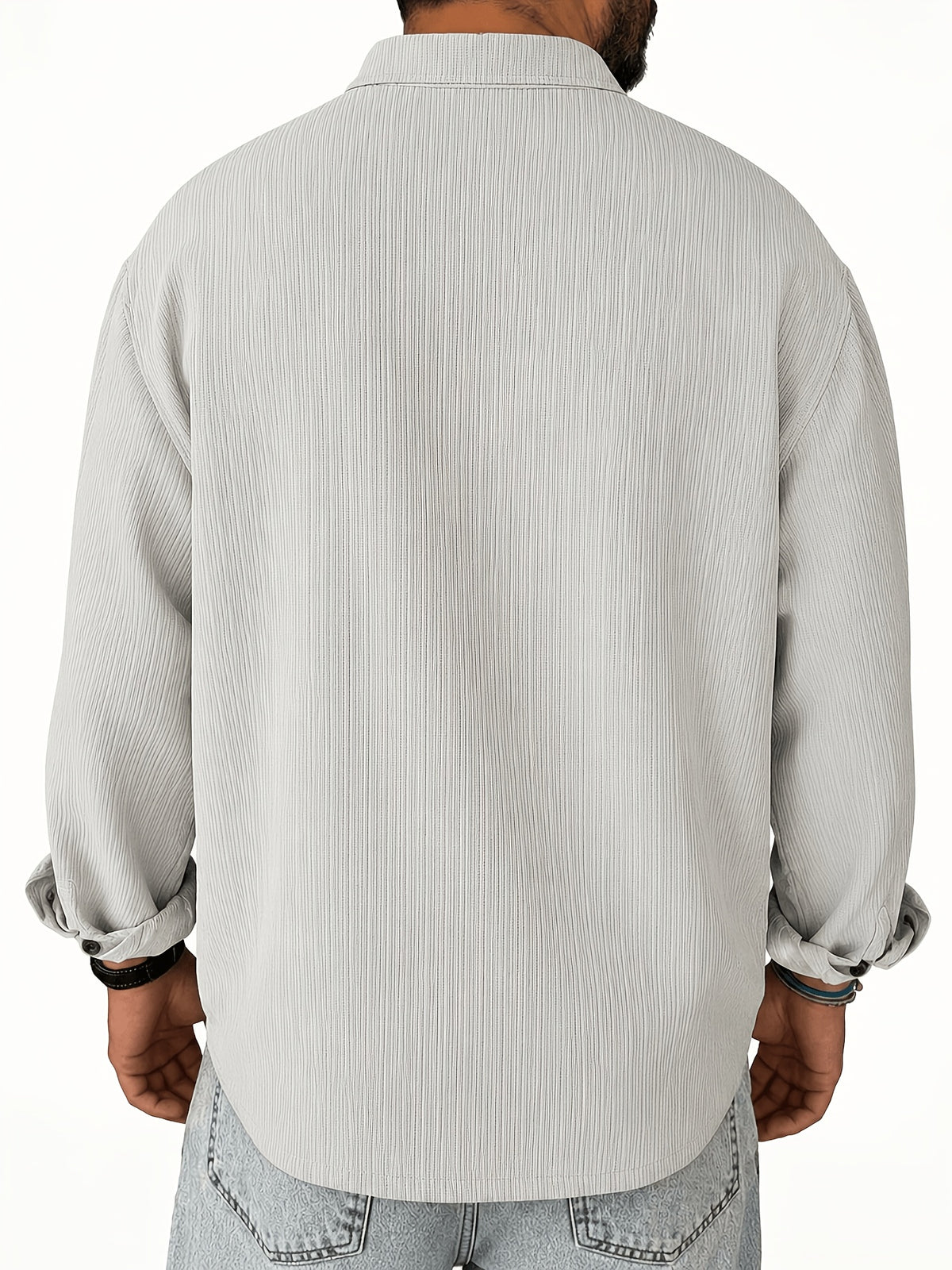 Men's Vintage Lapel Long Sleeve Shirt, Vertical Ribbed Minimalist Solid Knit Top, Versatile Casual Wear - Light Grey