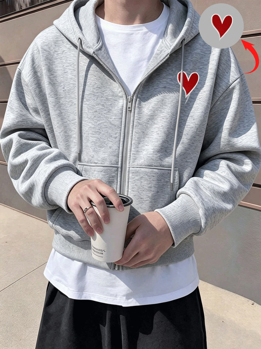 Men's Solid Color Drop Shoulder Zip-Up Sweatshirt, Double-Layer Hooded Sweatshirt Jacket, Long-Sleeve -Lined Jacket, Men's Zip-Up Cardigan for Spring/Autumn Casual Wear, Cropped Hooded Sweatshirt with Pockets and Drawstring, Suitable for Outings - Light Gray 1