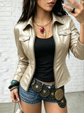 Women's Elegant PU Jacket, Fashionable Casual Solid Color Zipper Slim-Fit Jacket for Daily Wear - Champagne