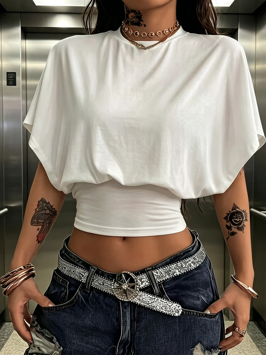 BK260403040 Women's Fashion Spring/Summer New Arrival, Stylish and Elegant, Solid Color No Print, Casual Versatile Waist-Cinching T-Shirt, Essential Basic Style—Suitable for Daily Spring/Summer Wear,, Beach, Vacation, and Home - White