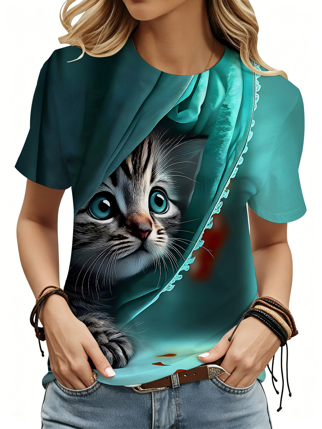 Summer Fashion  Women's Cat Print T-Shirt, Casual Crew Neck Short Sleeve Top, Cute Kitten Pattern Top, Teal Gradient Daily Wear Top - Mixed colors