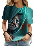 Summer Fashion  Women's Cat Print T-Shirt, Casual Crew Neck Short Sleeve Top, Cute Kitten Pattern Top, Teal Gradient Daily Wear Top - Mixed colors