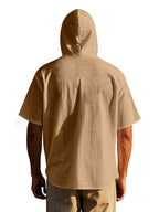 Men's Short Sleeve Hooded Shirt, Casual Button Hoodie Top with Chest Pocket, Lightweight Breathable Summer Shirt for Beach Vacation, Travel, Resort Wear, Outdoor Leisure, Streetwear Style and Daily Casual Outfit - Yellowish-brown
