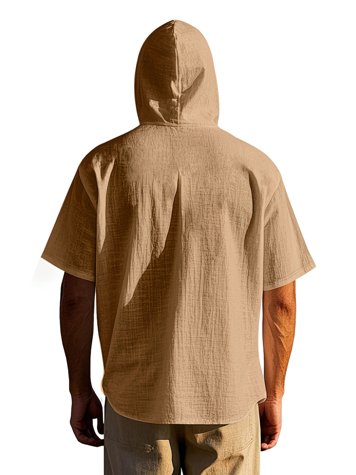 Men's Short Sleeve Hooded Shirt, Casual Button Hoodie Top with Chest Pocket, Lightweight Breathable Summer Shirt for Beach Vacation, Travel, Resort Wear, Outdoor Leisure, Streetwear Style and Daily Casual Outfit - Yellowish-brown